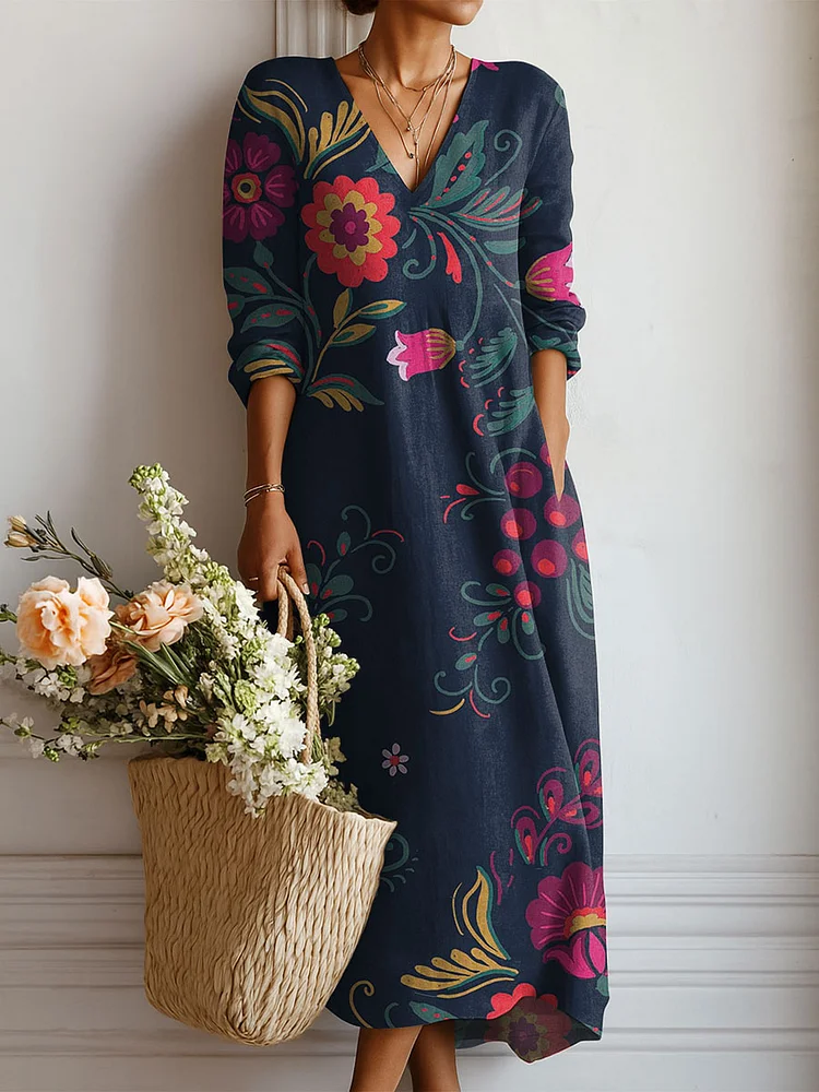 Women's Vintage Flowers Pattern Art Print Linen Pocket Dress