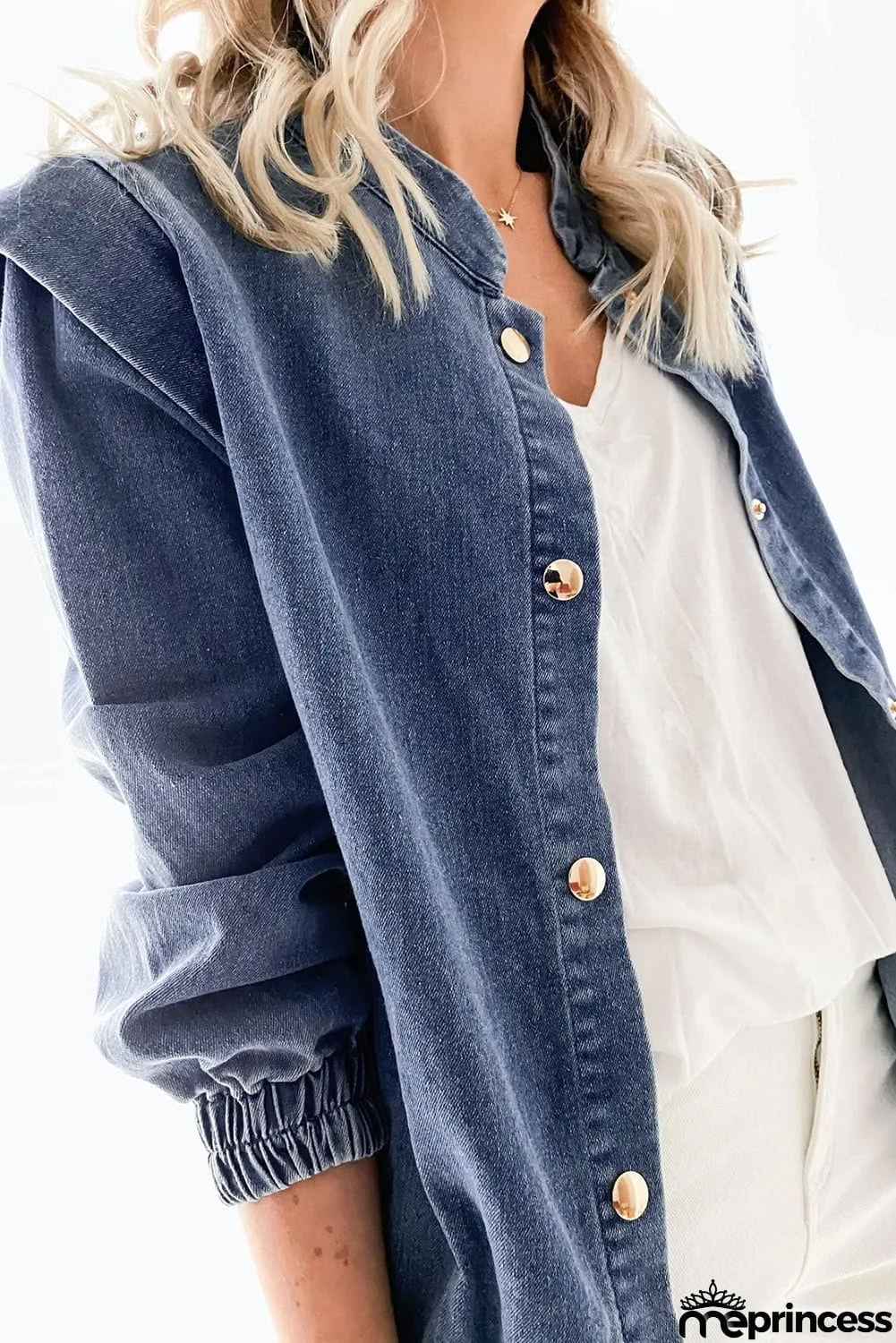 Solid Color Elastic Cuffs Buttoned Denim Jacket