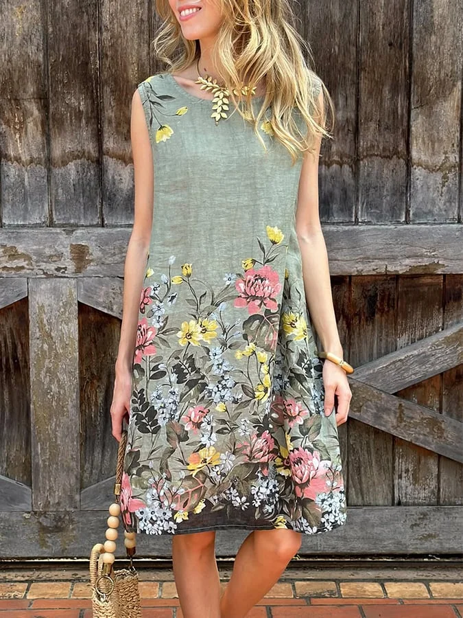 Womens Casual Floral Print Round Neck Sleeveless Cotton and Linen Dress 