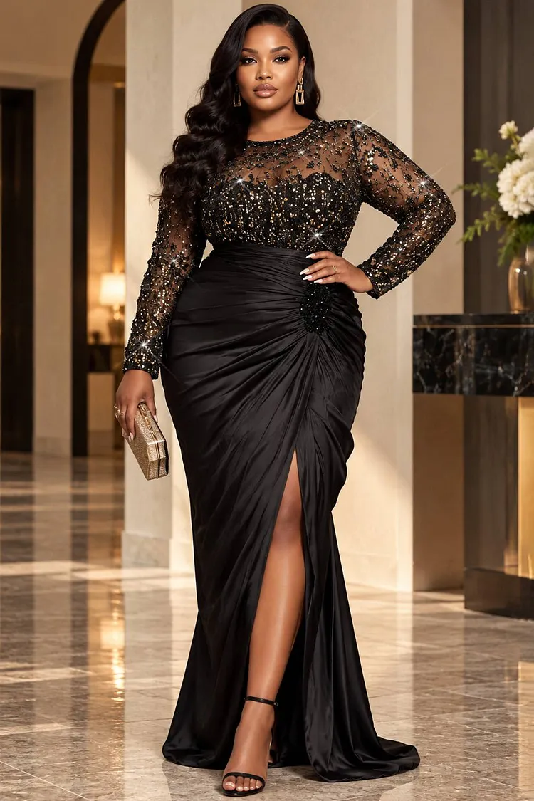 Xpluswear Design Plus Size Formal Satin Black Round Neck Long Sleeve Fold Split Sequin Maxi Dresses [Pre-Order] 2024 - Xpluswear