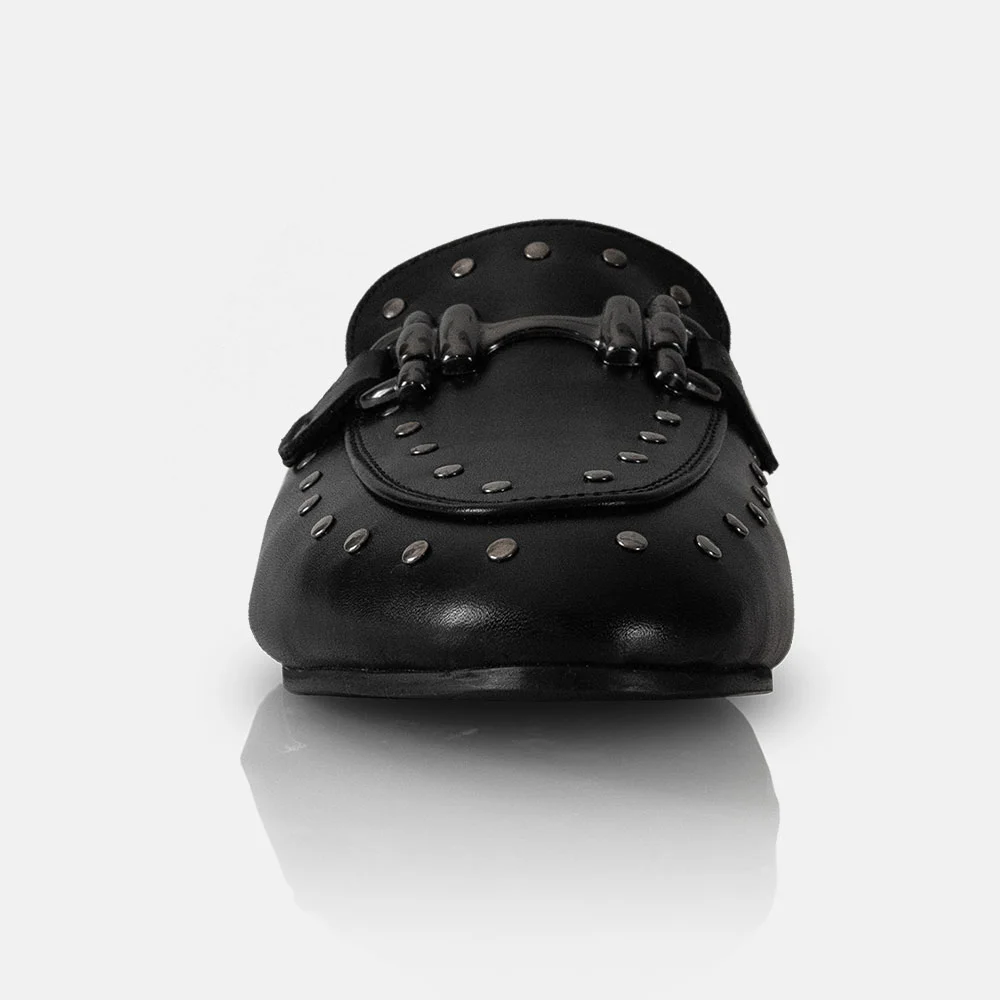 Classic Black Faux Leather Round Toe Silver Studded Mules Shoes