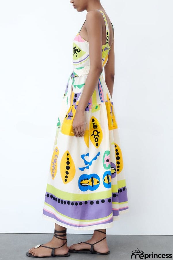 Summer Picnic Unique Print Straight Neck Button Belted Midi Dress