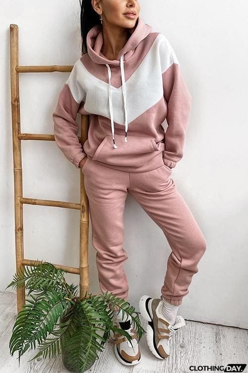 Colorblock Pocket Drawstring Hoodie & Pants Set