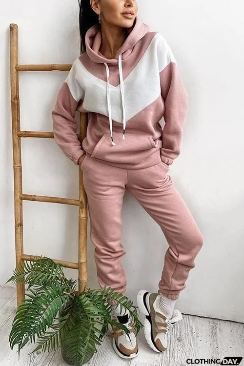 Colorblock Pocket Drawstring Hoodie & Pants Set