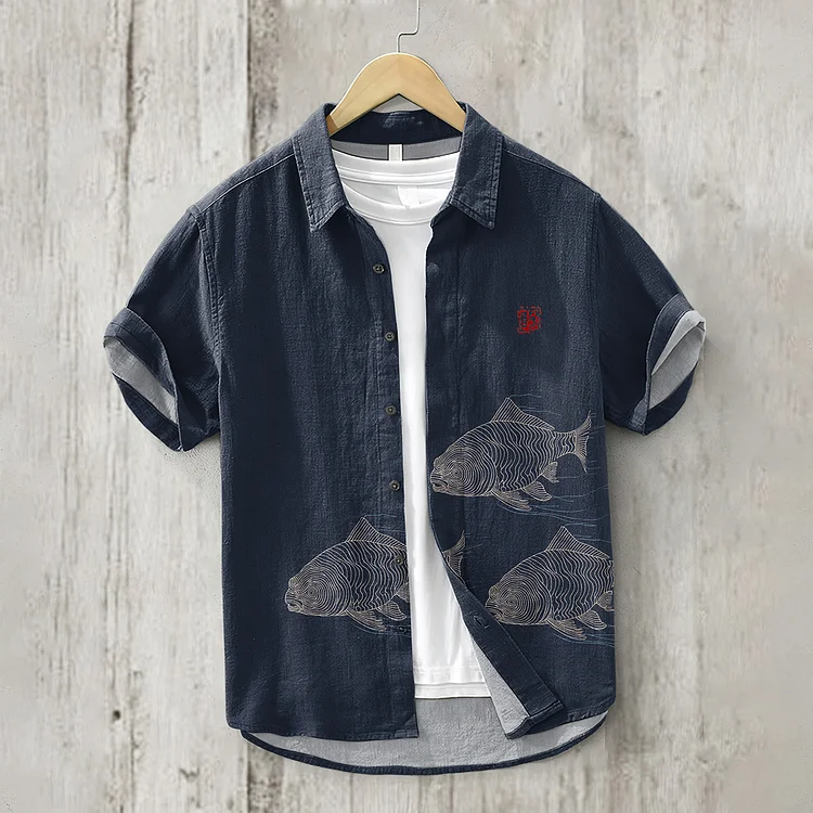 Vintage Japanese Art Fish Casual Linen Blend Shirt