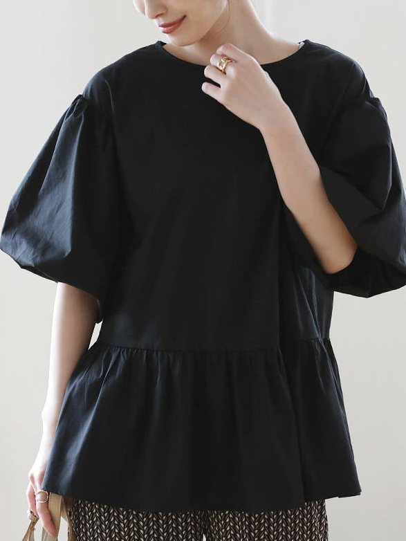 Lantern Sleeve Round Neck Pleated Ruffle Hem Solid Color Cotton Top