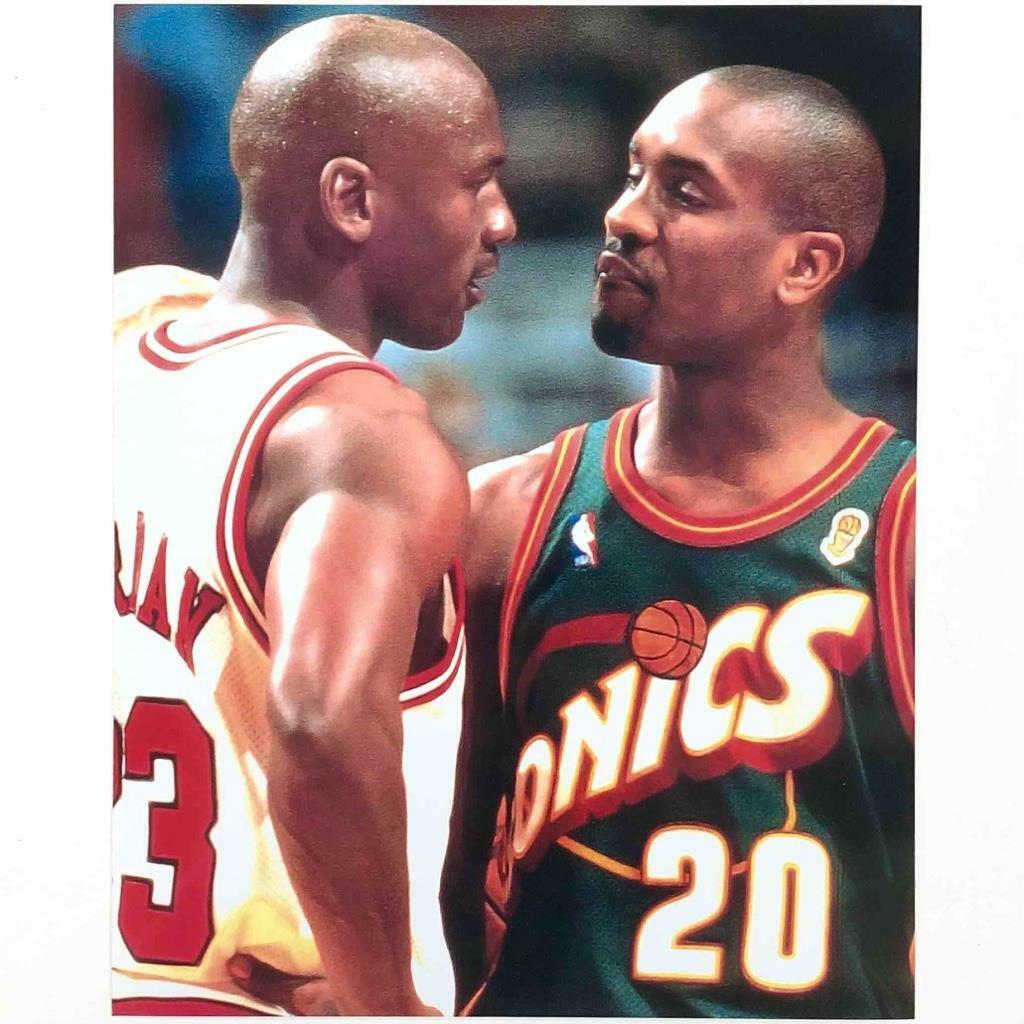 Gary Payton vs. Michael Jordan FU 8x10 Photo Poster painting Seattle Supersonics Chicago Bulls