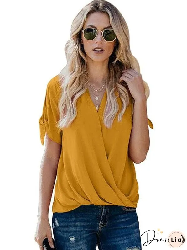 Elegant Solid Color Draped Blouse
