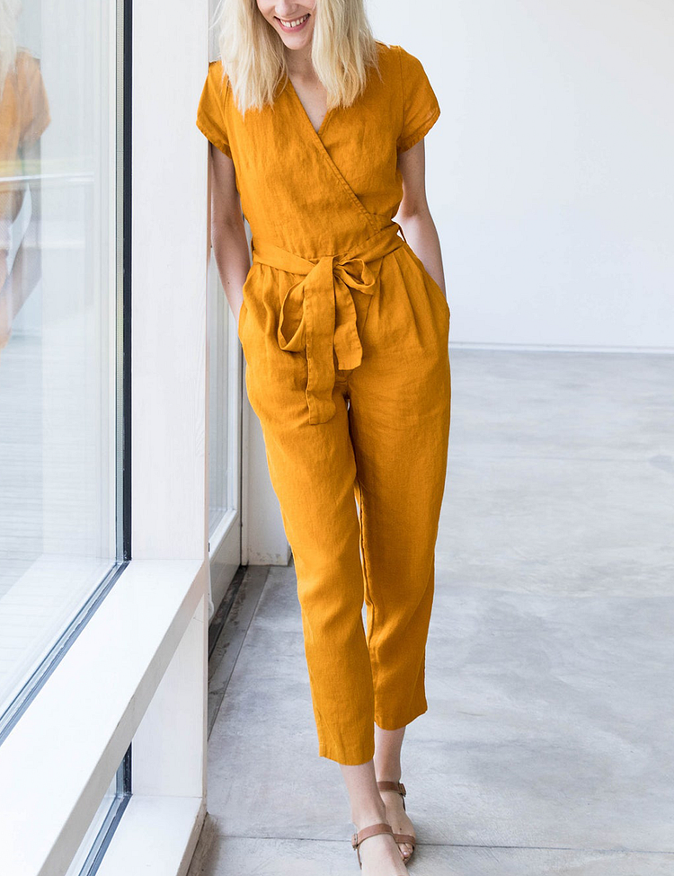 Casual Cozy Linen Wrap Jumpsuit