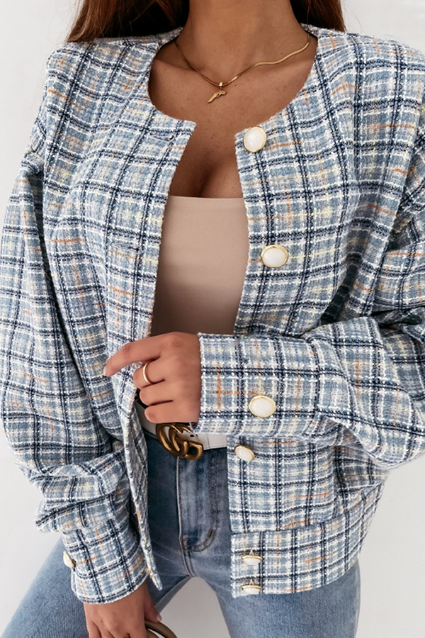 Casual Plaid Buckle O Neck Outerwear