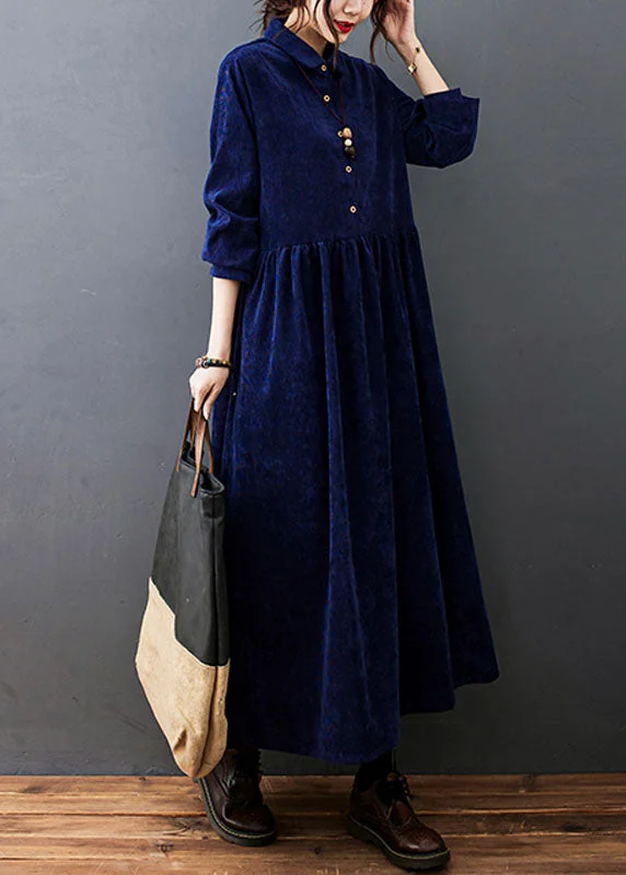 Fitted Navy Blue Peter Pan Collar Patchwork Corduroy Maxi Dresses Fall