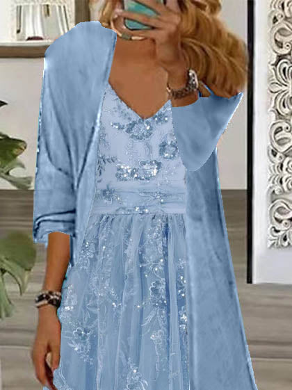 Women Half Sleeve V-neck Solid Color Dress