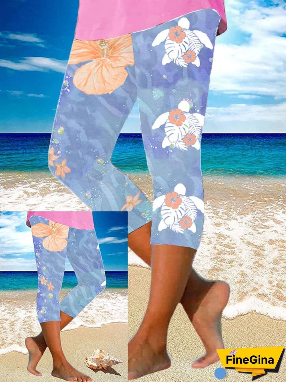 Women's Maui Lahaina Hibiscus Turtle Print Yoga Base Layer Cropped Pants