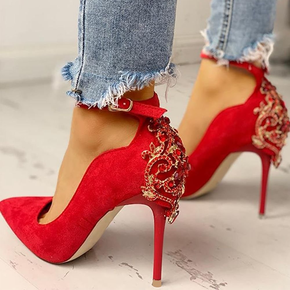 Red Pointed Suede Stiletto Heels Rhinestone Ankle Strap Pumps For Evening Nicepairs