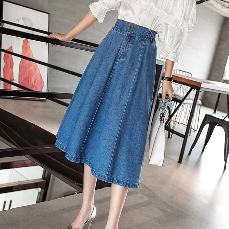 Zoki Elegant Women Denim Skirt Autumn Fashion Button A Line Jean Mid-calf Skirt Casual Korean Plus Size Loose Faldas Female 2021