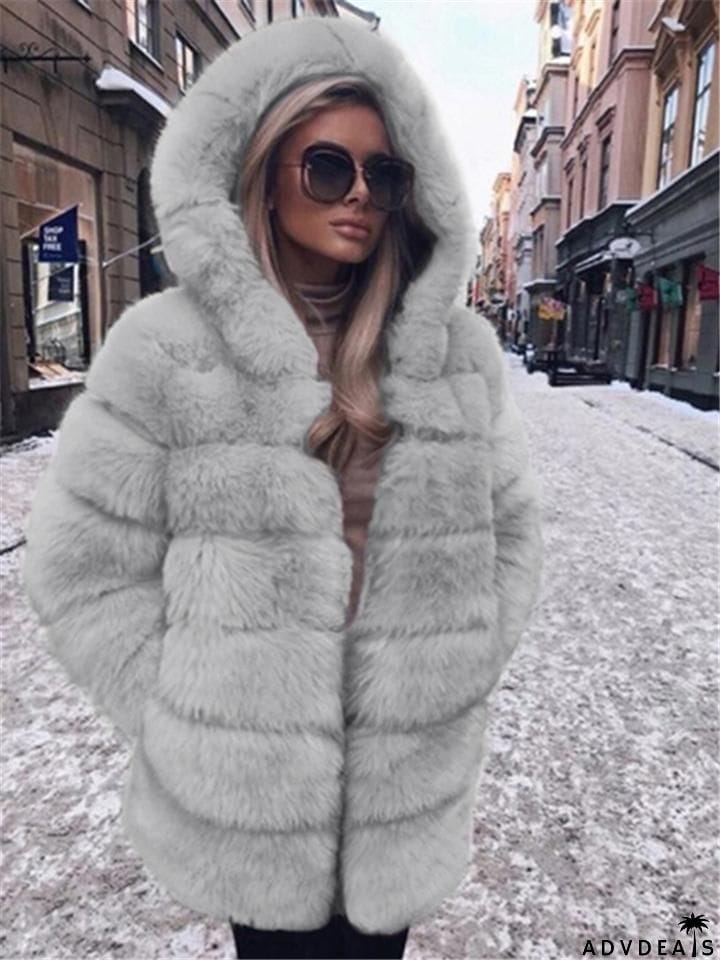 Ultra Comfortable Pocket Faux Fur Hooded Midi Length Coat