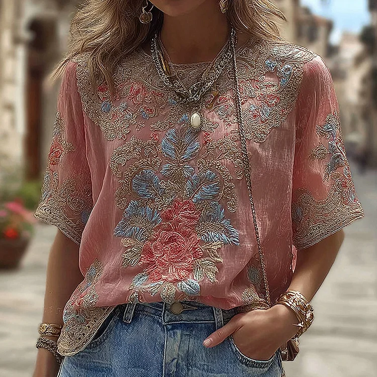 Women's Rose Floral Embroidered Casual Round-neck T-shirt