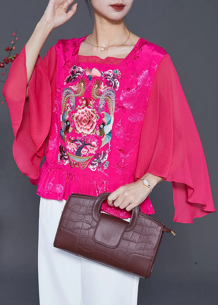 French Rose Embroideried Patchwork Silk Blouses Cloak Sleeves