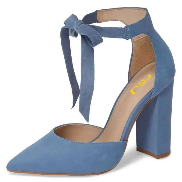 Blue Suede Ankle Strap Heels Bow Pointy Toe Chunky Heel Pumps