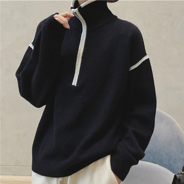 Casual Turtleneck With Zipper Contrast Color Long Sleeve Knitted Sweater
