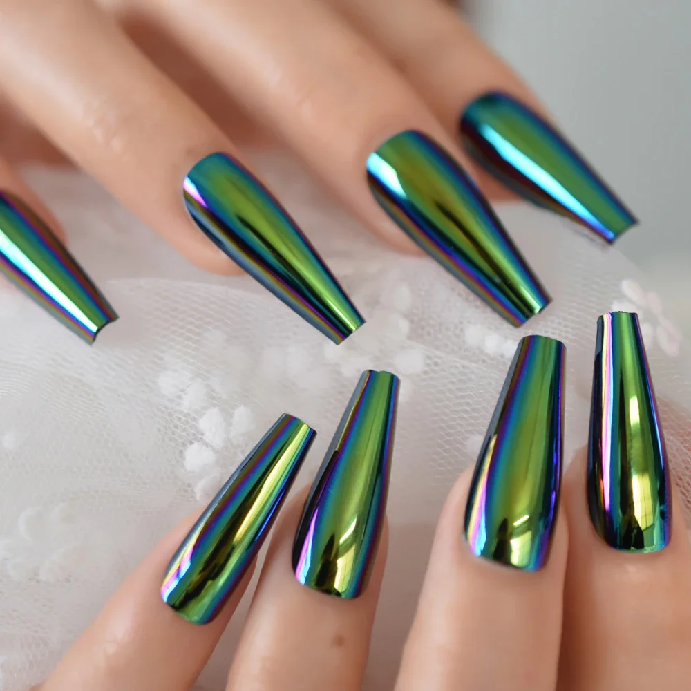 Churchf Chrome Green Mirror False Nails Holographic Metallic Extra Long Tapered Coffin Faux Ongles Tips with Sillicon Glue Sticker