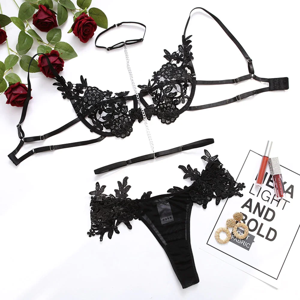 Billionm New Lingerie Set Women Lace Embroidery Floral Underwear Erotic Hollow Out Costumes Black Open Cup Exotic Intimate Clothing