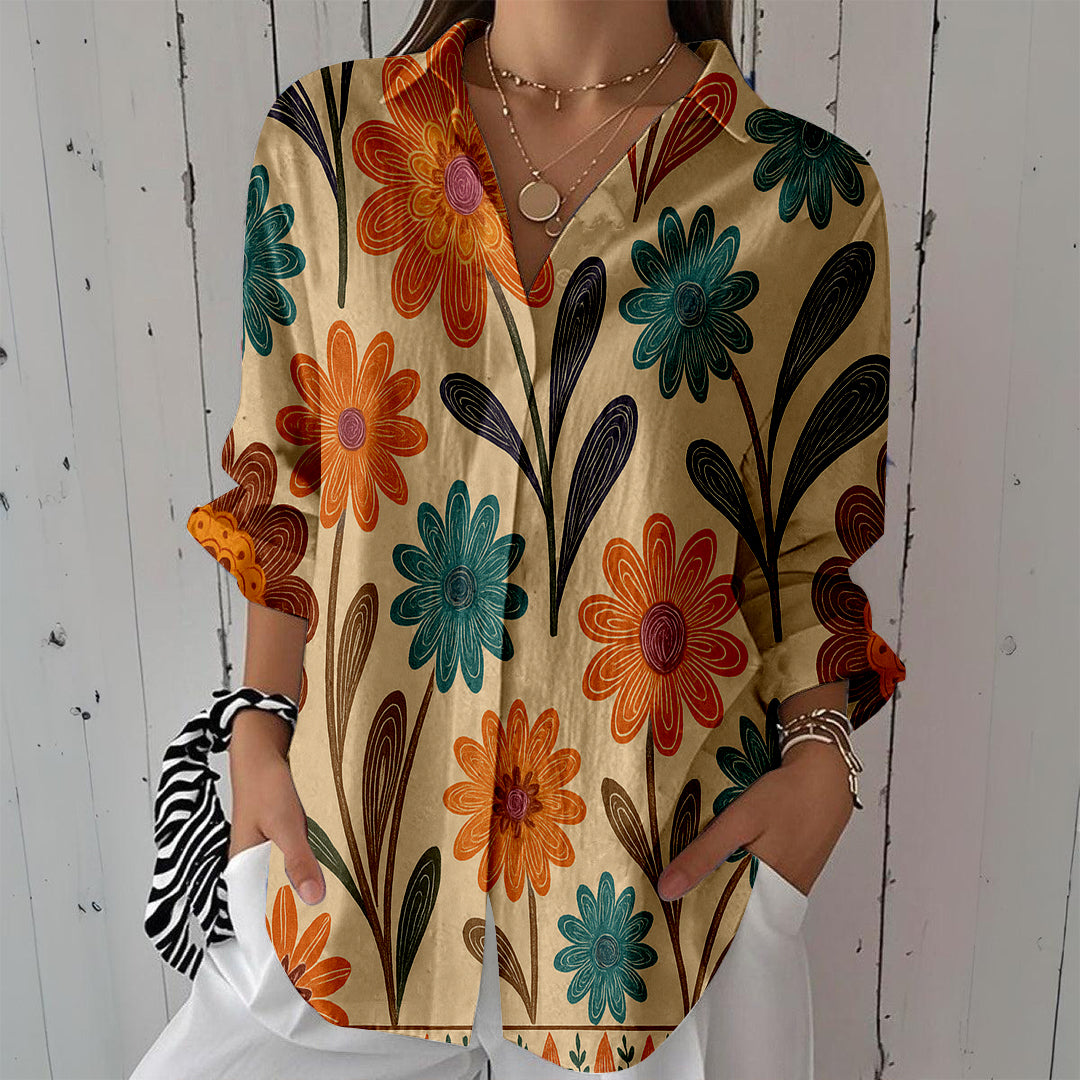 Women Long Sleeve V-neck Graphic Floral Printed Top