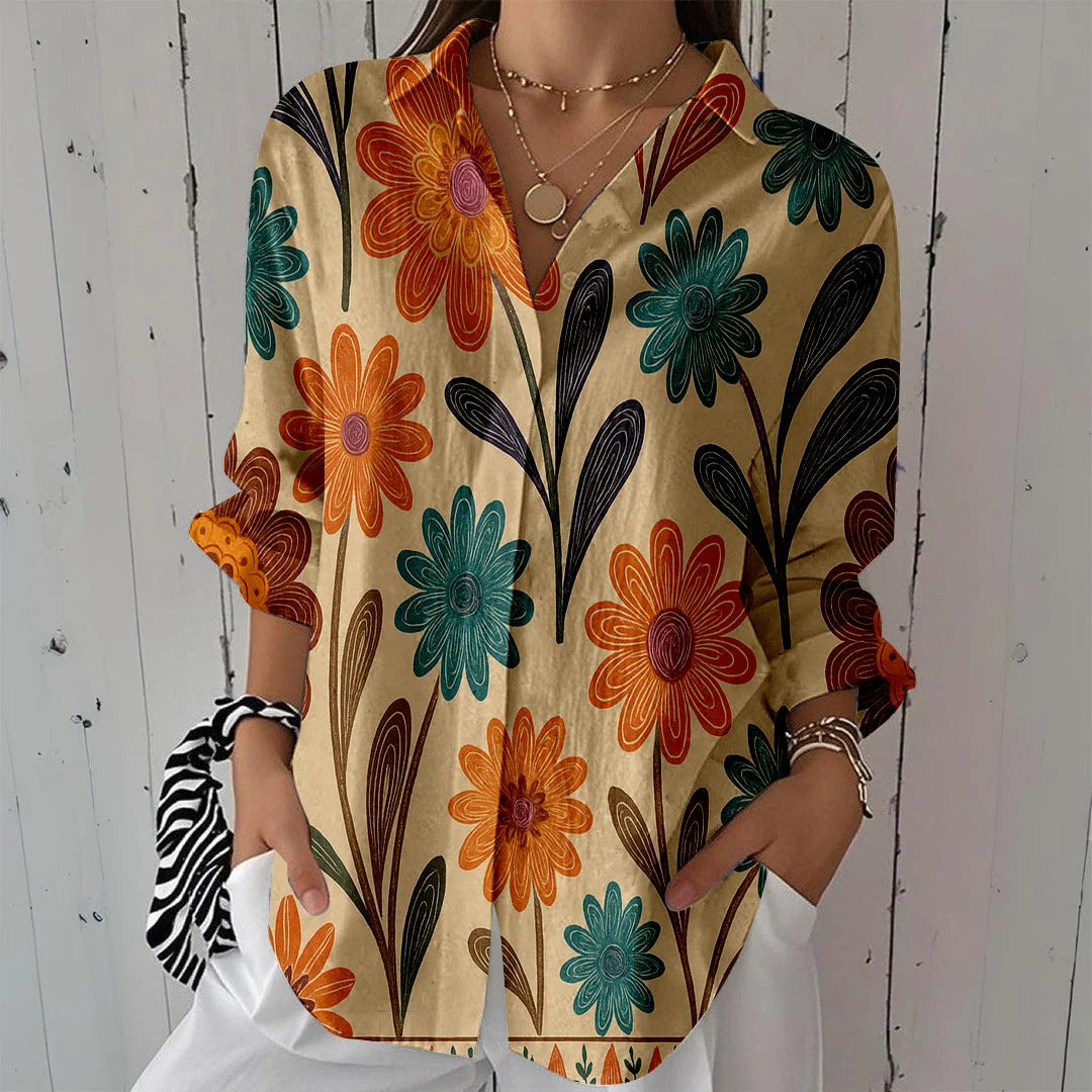 Style & Comfort for Mature Women Women Floral, Orange DZCL0092 3/4 Sleeve Shirt Collar Printed Button Tops