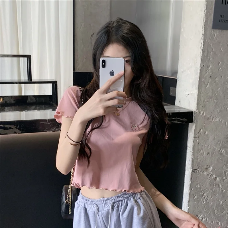 Brownm Brownm Hot Girl Crop Short Style Student Jacket 2024 Summer New Short Sleeve Embroidery Wooden Ear Slim T-Shirt Female Tide