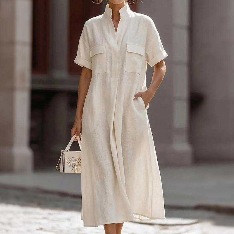 Comstylish Women's Solid Color V Neck Linen Blend Comfy Maxi Dress