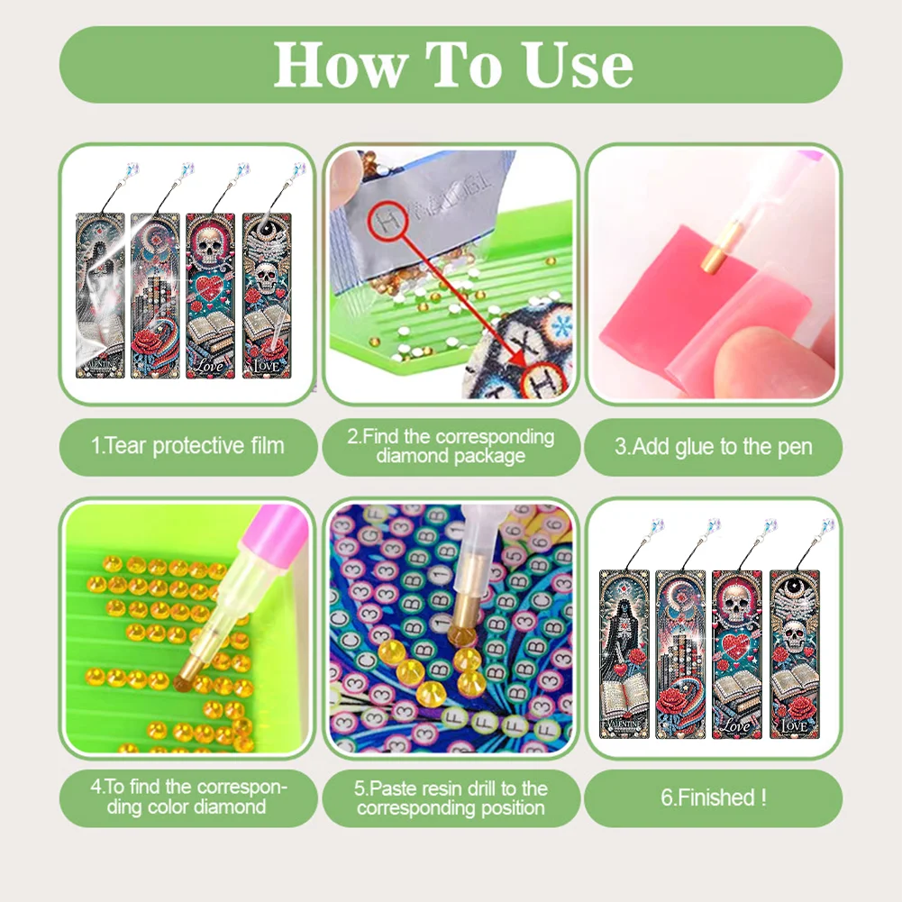 4Pcs Skull Heart Themed DIY Diamond Painting Bookmark for Reading Enthusiasts