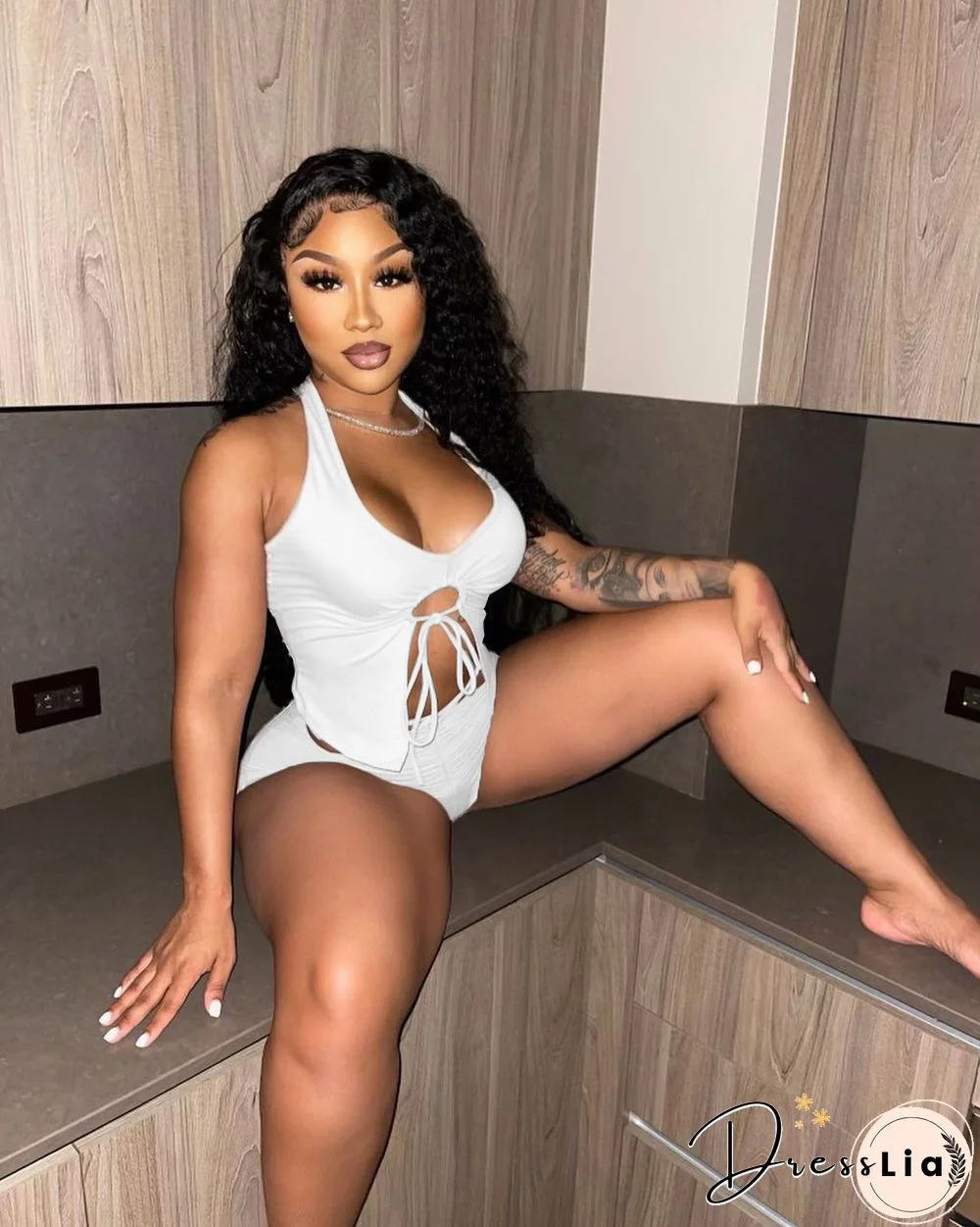 Summer Women Sexy Solid Color Irregular Hollow Out Sleeveless Halter Top Skinny Shorts Two Piece Suit