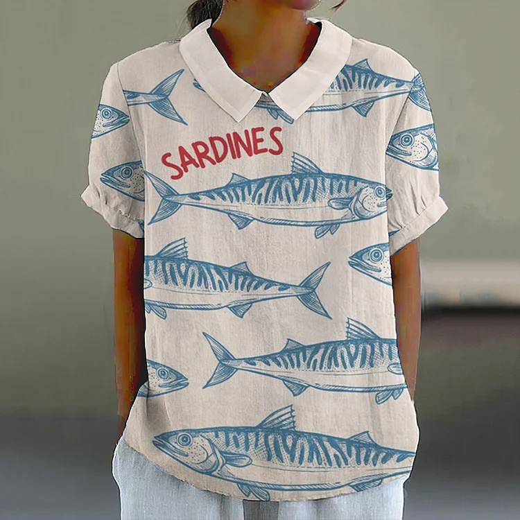 Retro Sardines Fish Art Pattern Printed Casual Women's  Cotton Linen Shirt