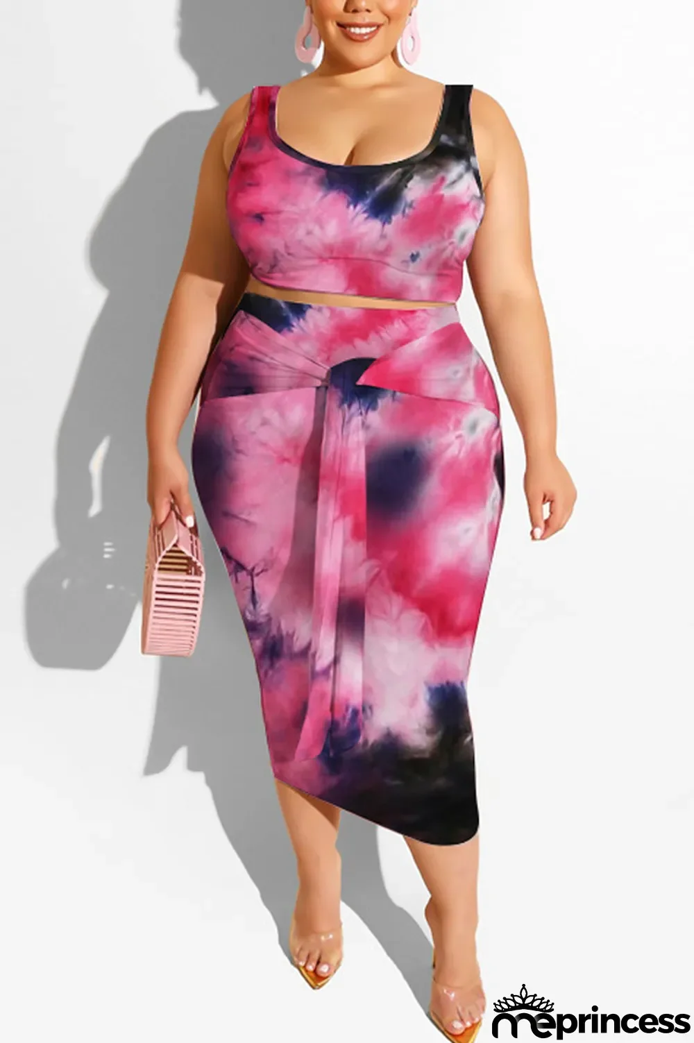 purple Polyester Sexy Slip Print Belt Tie Dye Plus Size