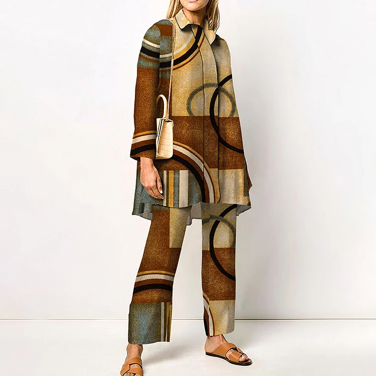 Lapel Irregular Geometric Long Sleeve Two Piece Set