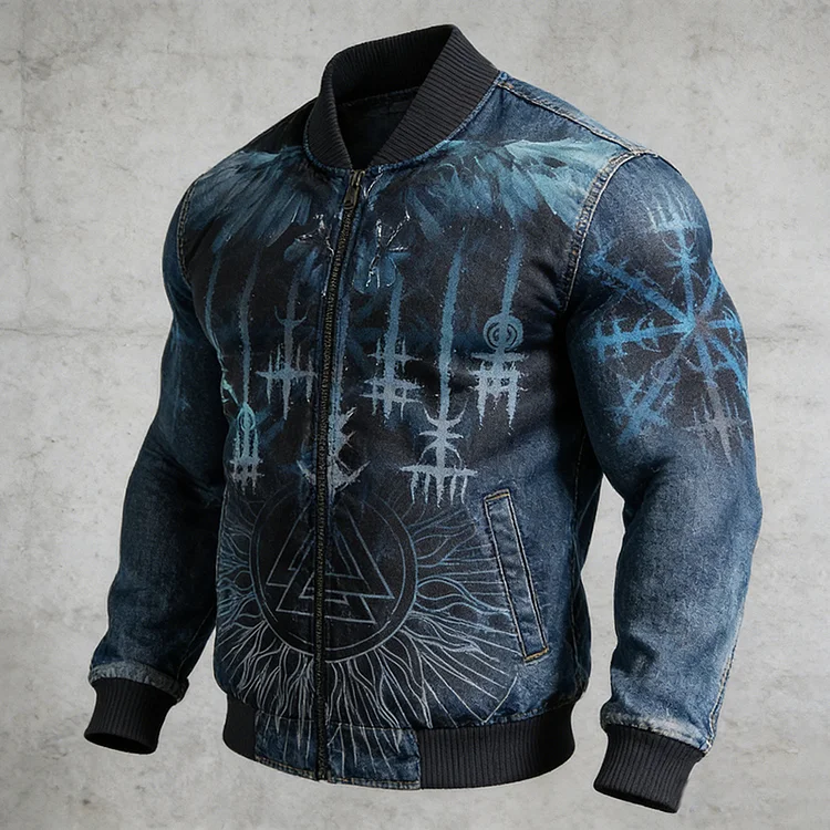 Viking Vegvisir Rune Wings Graphic Denim Art Zippered Baseball Jacket