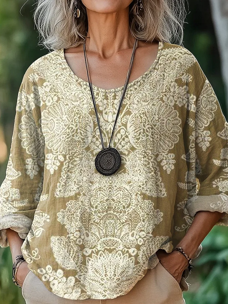 Women's Lace Texture  Art  Print Casual Cotton And Linen Shirt