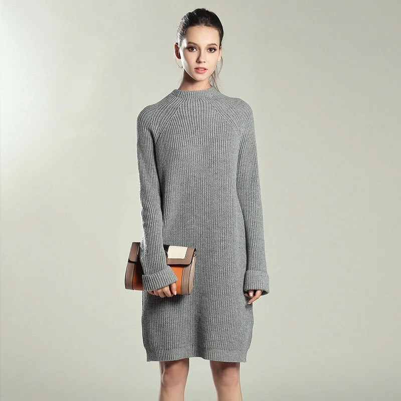 Autumn Winter Solid Knitted Cotton Sweater Dresses Women Fashion Loose O-neck Pullover Female Knitted Dress Vestidos Feminino