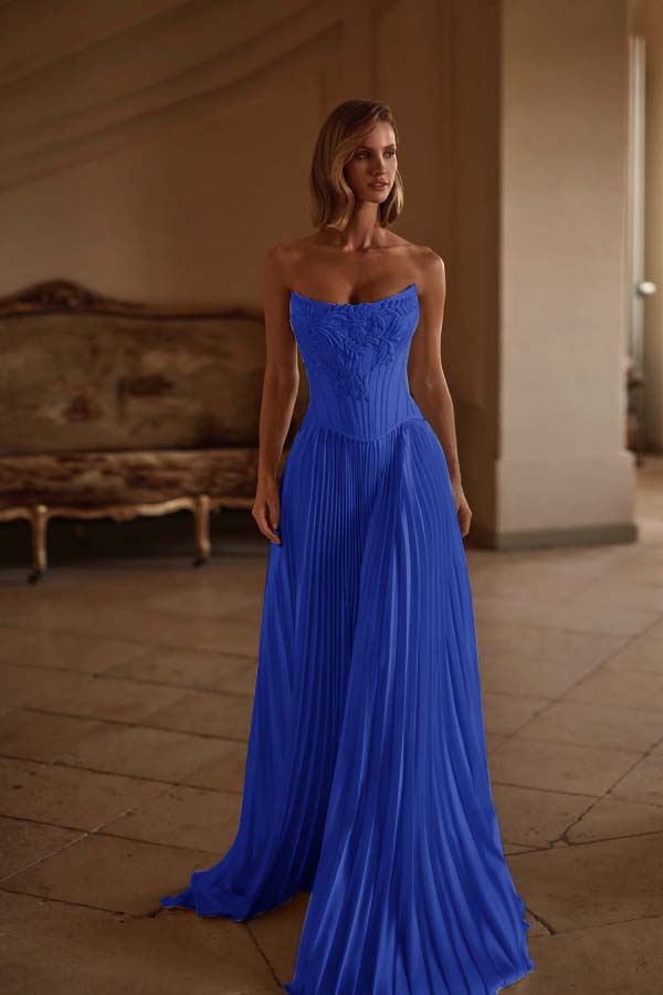 Elegant Cream Pleated Gown with Appliques  Strapless Wedding Dress