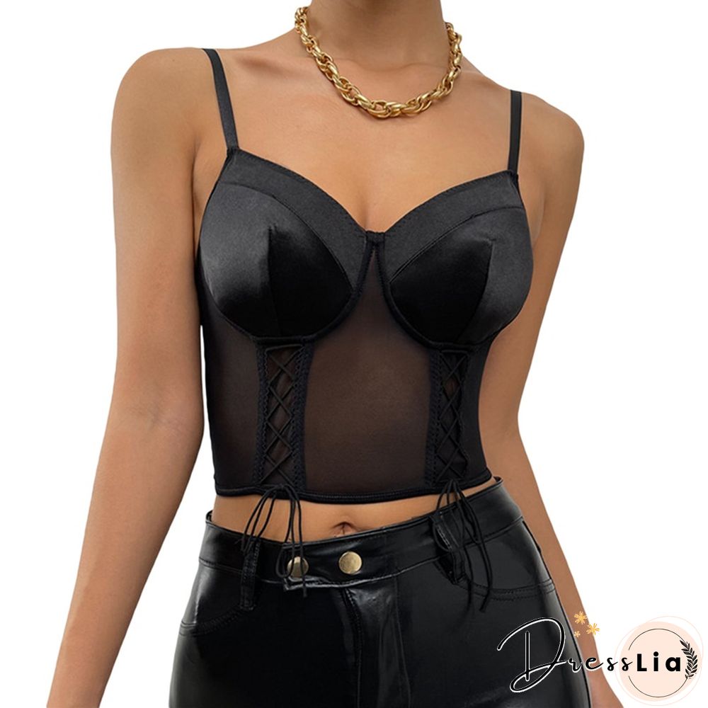 Y2k Aesthetic Mesh Cami Top Sexy Ladies Sleeveless V Neck Cropped Tshirt New Fashion Womens Tanks Shirring Camisole