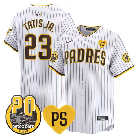 Men's San Diego Padres #23 Fernando Tatis Jr. White "For Peter" And Petco Park 20th Patch Limited Jersey