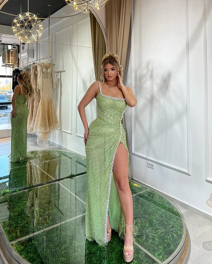Oknass One Shoulder Sleeveless Mermaid Split Long Prom Dress With Beading 