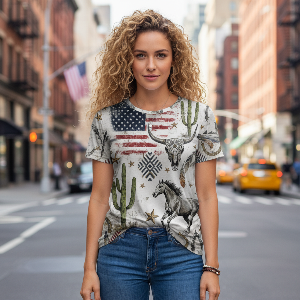 Women's Vintage American Flag 250th Anniversary Western Style Cowboy Short-Sleeve Crew Neck T-Shirt With Bull Head Skull - Helixace