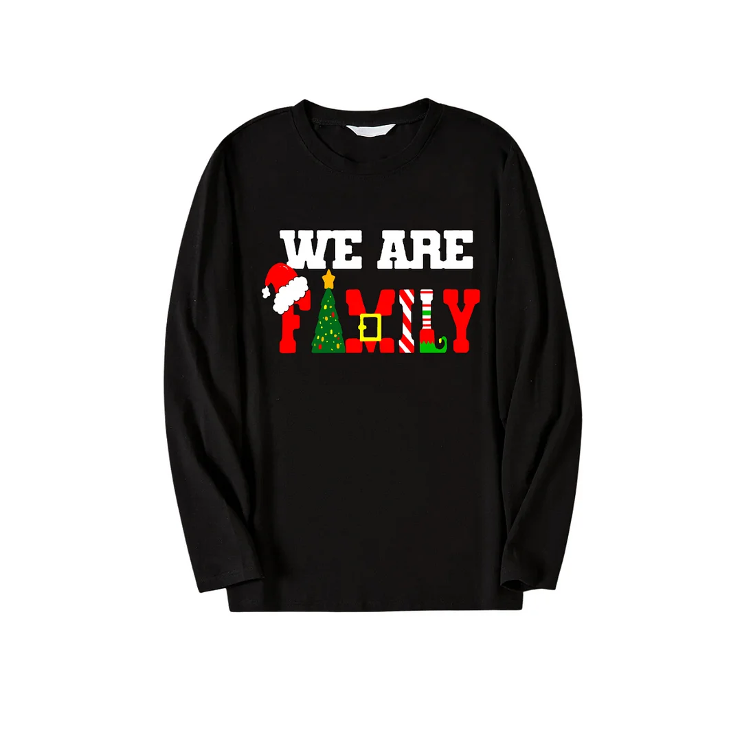 Christmas "We are Family" Text Print Black Long Sleeve Top with Green and Black Plaid Family Matching Pajamas