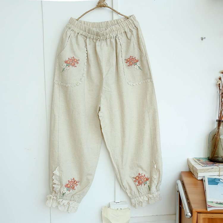 Queenfunky cottagecore style Linen Cute Floral Embroidered Bloomers QueenFunky