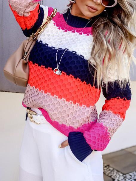 Women's Scoop Neck Knitted Color-Blocking Long Sleeved Sweater Top