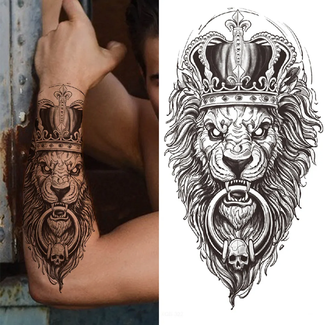 Sdrawing Lion Flower Temporary Tattoos For Women Men Kids Boy Black Tiger Skeleton Tattoo Sticker Fake Compass Tatoos Half Sleeve