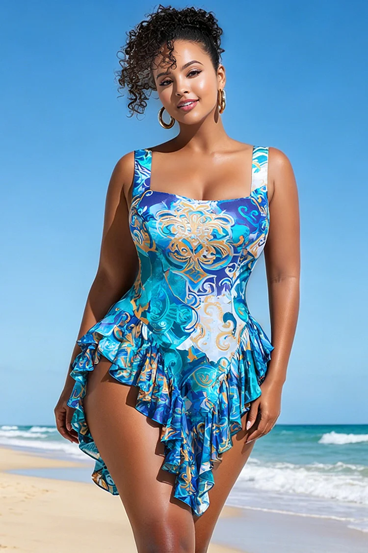 Xpluswear Design Plus Size Beach Blue Graphic Square Neck Ruffle Asymmetric Hem Swimsuit Fabric Swimwear Dress [Pre-Order] 2024 - Xpluswear