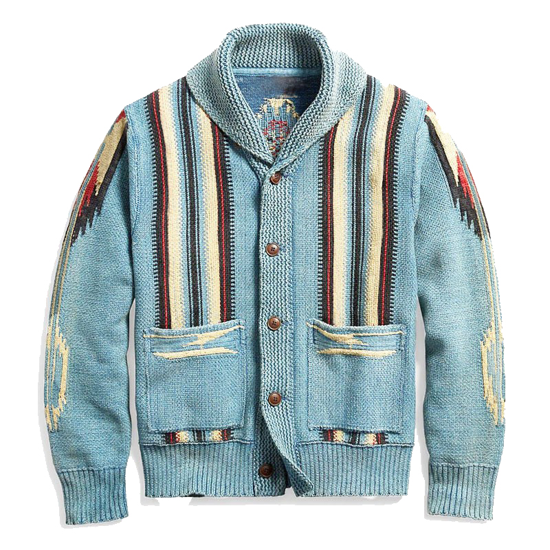 Men's Printed Knitted Long Sleeve Casual Lapel Jacket Retro Cardigan Sweater