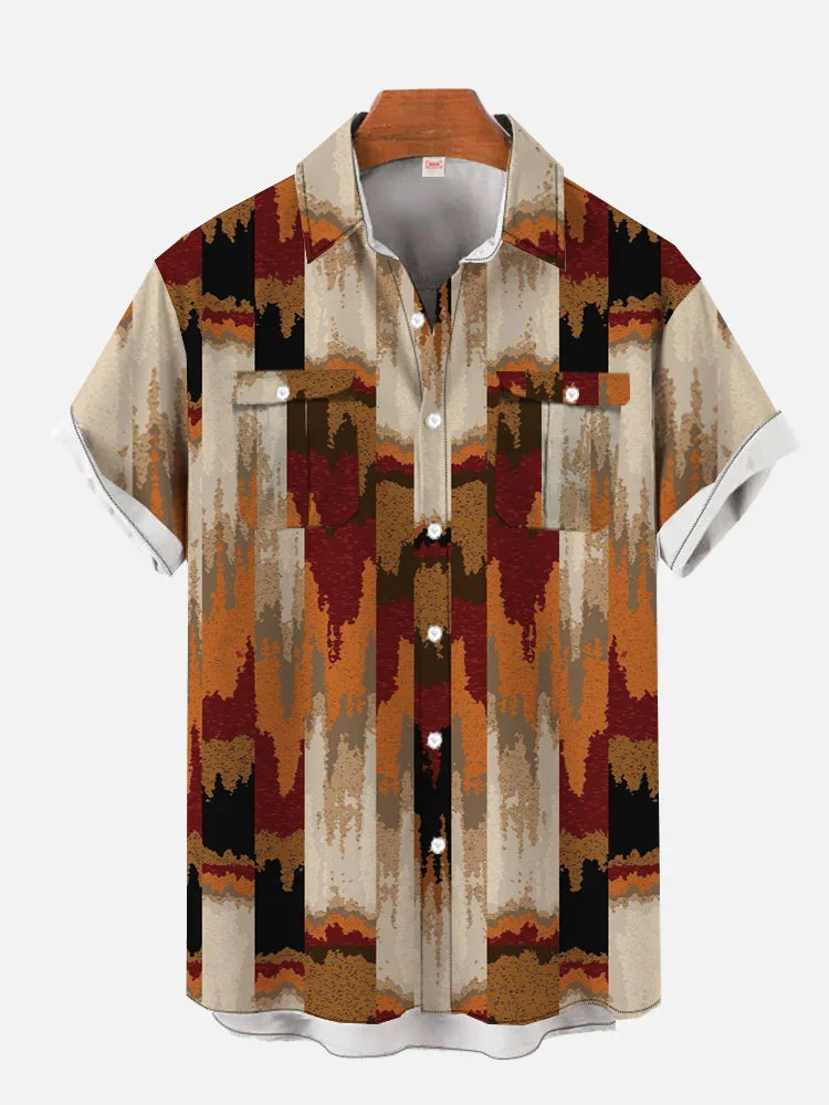 Double Pocket Fashion Ethnic Style Khaki Patchwork Asymmetric Men's Short Sleeve Shirt